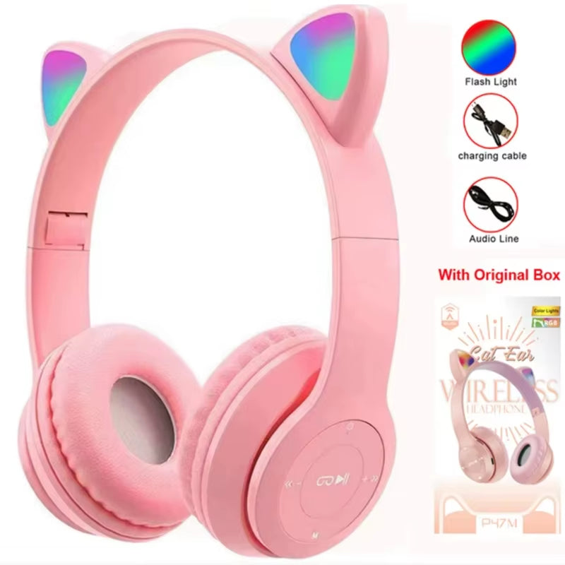 Wireless Headphones Cat Ear Bluetooth-Compatible Helmets Stereo Bass Over-Ear Headsets Sports Headphones for Kids and Adult