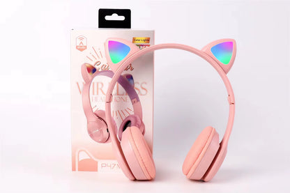 Wireless Headphones Cat Ear Bluetooth-Compatible Helmets Stereo Bass Over-Ear Headsets Sports Headphones for Kids and Adult